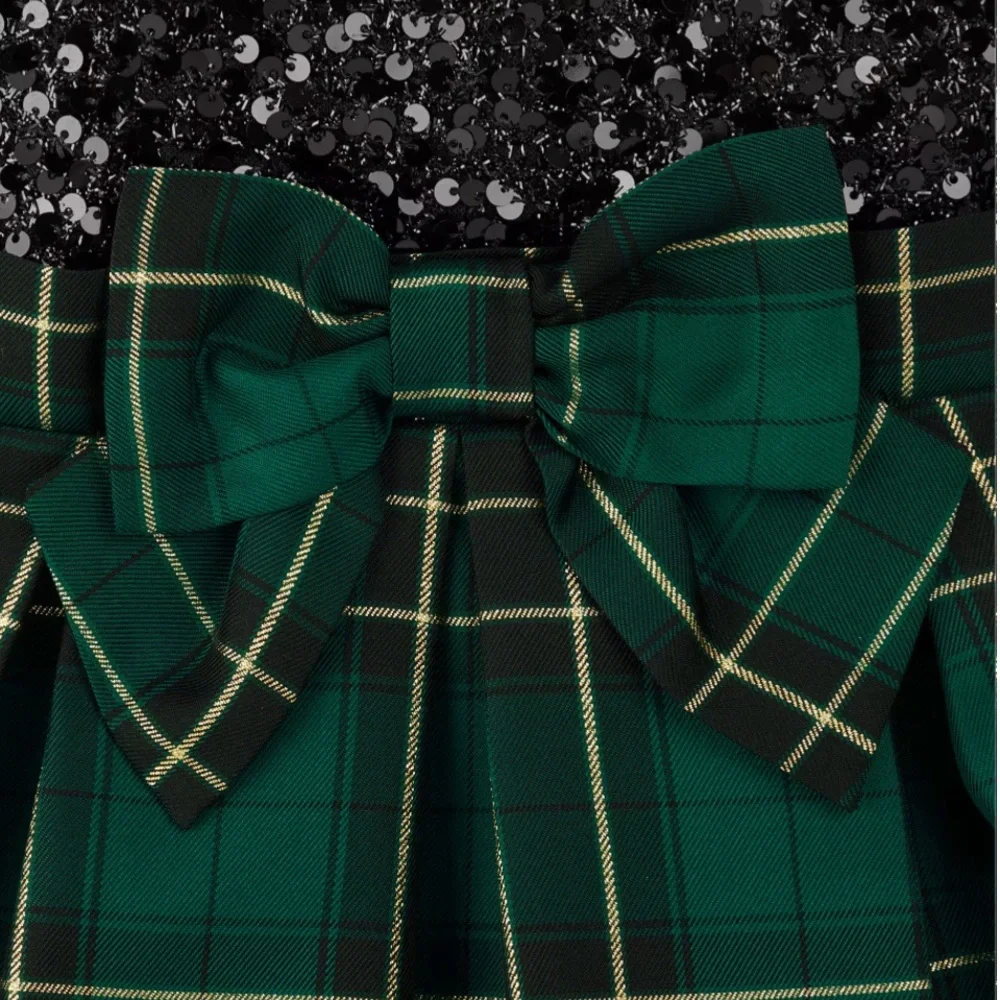 NWT Children's Place Chic Black Sequins Bodice Green/Gold Plaid Pullover Dress